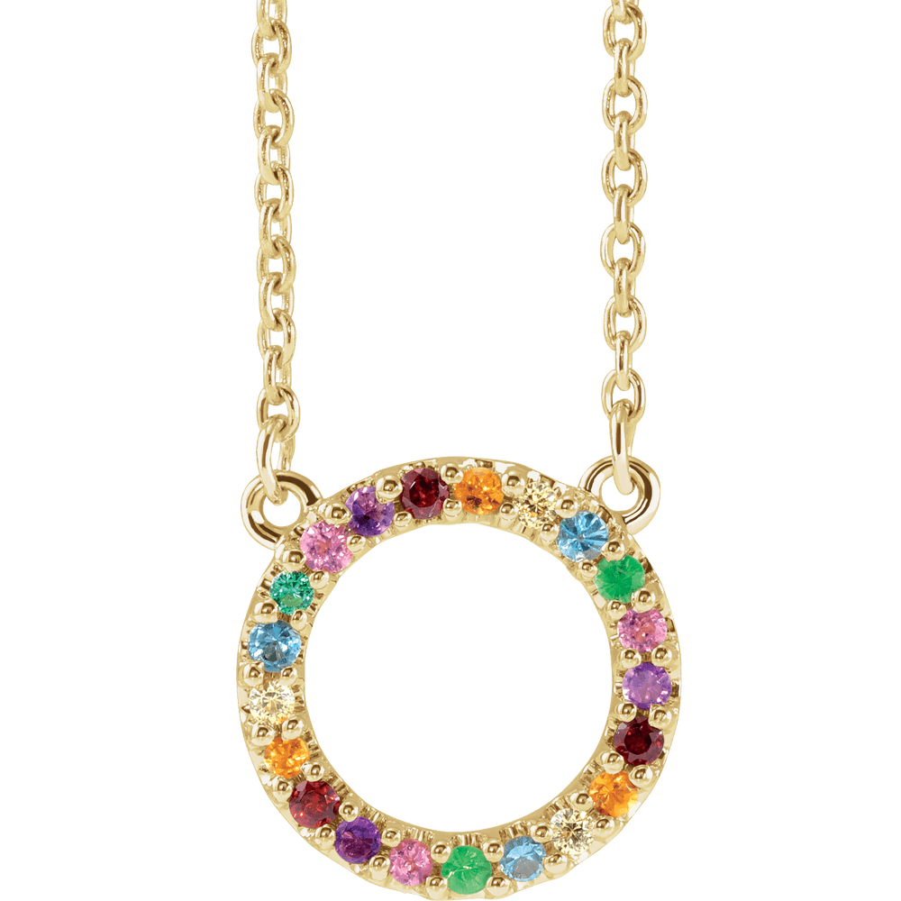 14K Yellow Gold Natural Multi-Gemstone Rainbow Circle Necklace