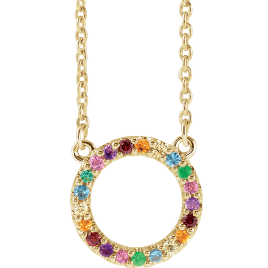 14K Yellow Gold Natural Multi-Gemstone Rainbow Circle Necklace