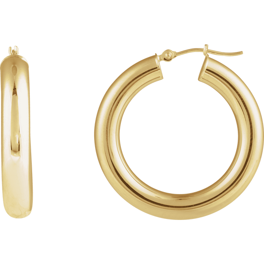 14K Yellow Gold Round Tube 30 mm Hoop Earrings