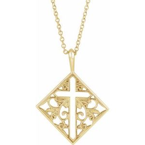 14K Yellow Gold Ornate Pierced Cross Necklace