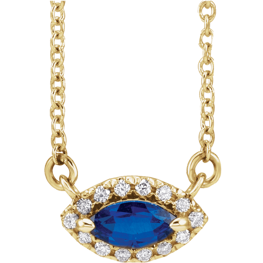 14K Yellow Gold Lab-Grown Blue Sapphire & .05 CTW Diamond Halo Necklace