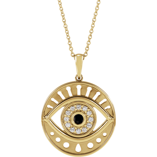 14K Yellow Gold Natural Black Onyx & 1/6 CTW Diamond Evil Eye Necklace