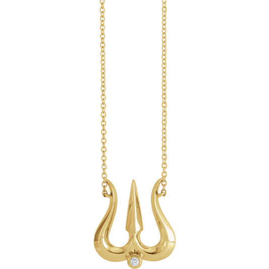 14K Yellow Gold .03 CT Diamond Shiva Trishula Necklace