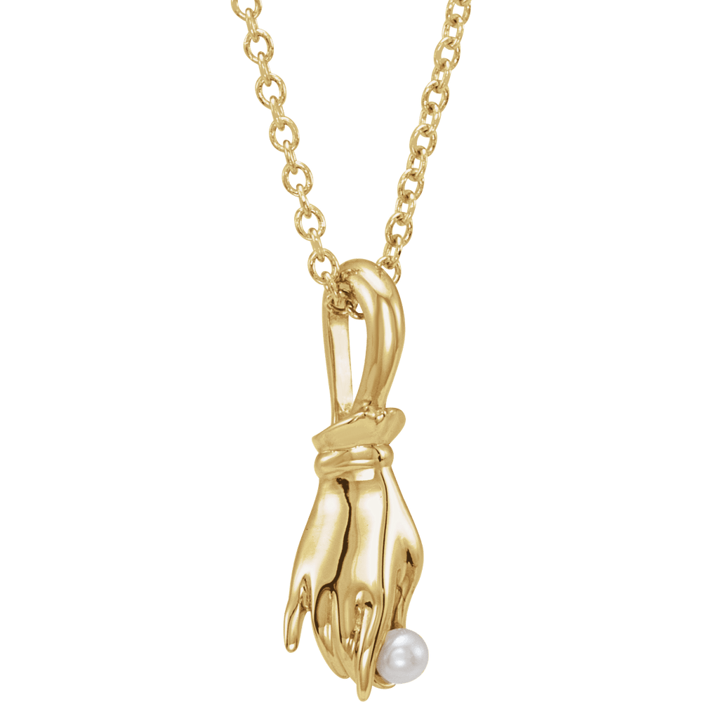 14K Yellow Gold White Pearl Buddha Hand Necklace