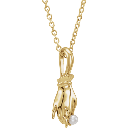 14K Yellow Gold White Pearl Buddha Hand Necklace