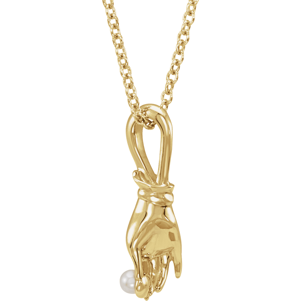 14K Yellow Gold White Pearl Buddha Hand Necklace