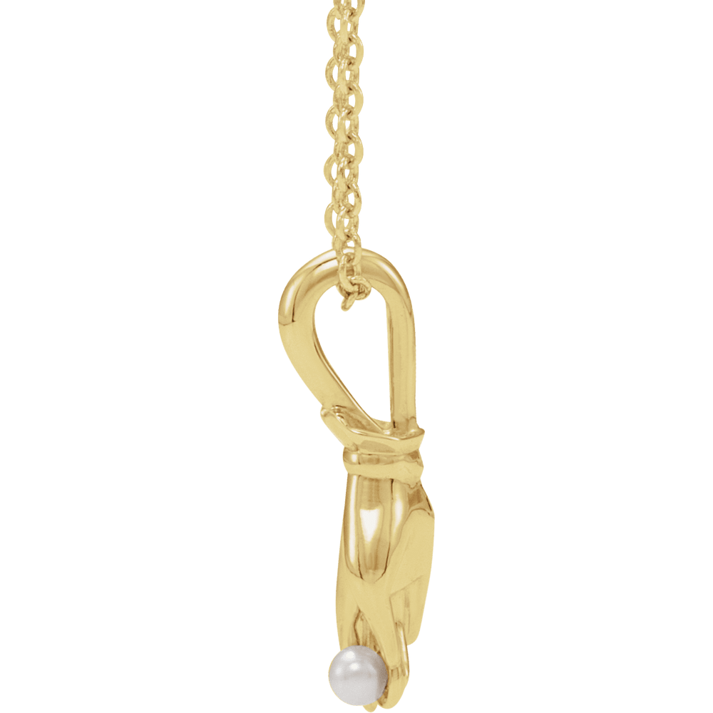 14K Yellow Gold White Pearl Buddha Hand Necklace