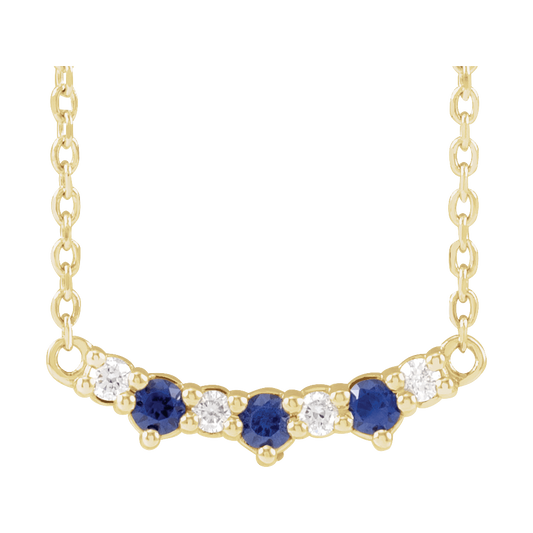 14K Yellow Gold Lab-Grown Blue Sapphire & .05 CTW Diamond Three-Stone Bar Necklace