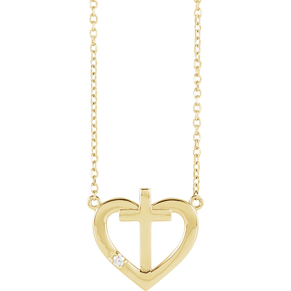 14K Yellow Gold .015 CT Natural Diamond Heart & Cross Necklace