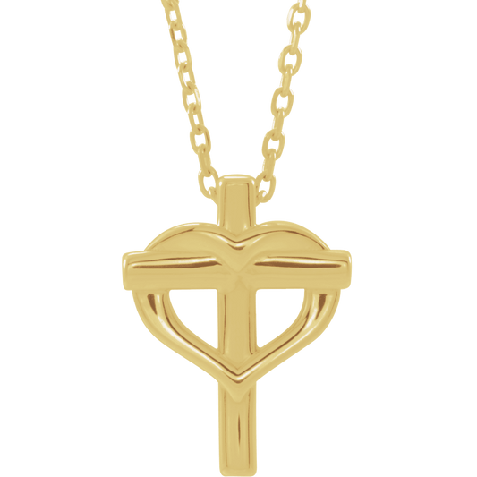 14K Yellow Gold Youth Cross with Heart Necklace