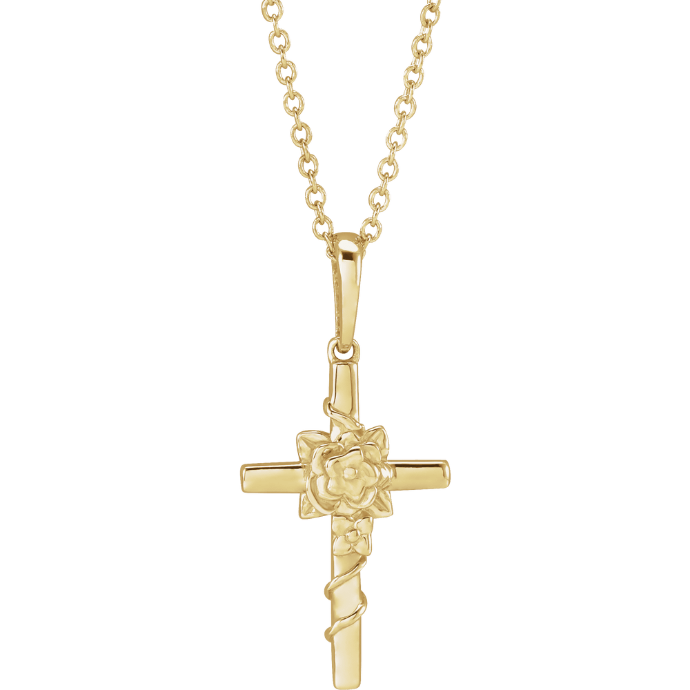 14K Yellow Gold Floral Cross Necklace