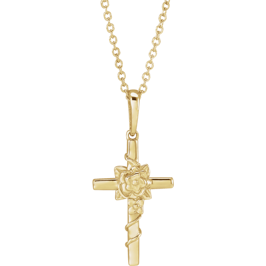 14K Yellow Gold Floral Cross Necklace